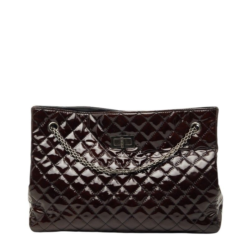 Chanel Quilted 2.55 Chain Tote Shoulder Bag Brown Patent Leather