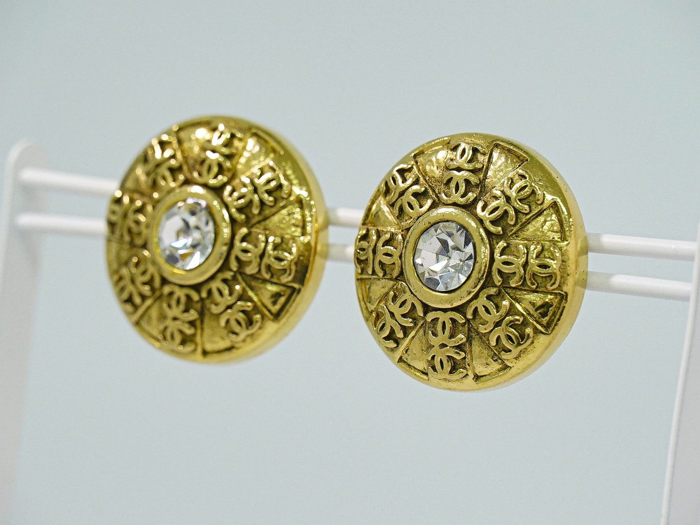 Chanel CC Logo Rhinestone Earrings Gold Plated — view 7