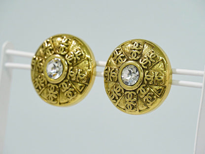 Chanel CC Logo Rhinestone Earrings Gold Plated — view 7