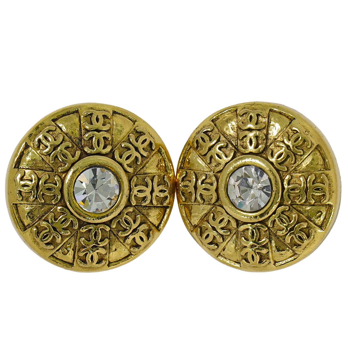 Chanel CC Logo Rhinestone Earrings Gold Plated