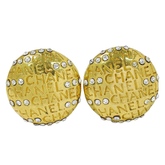 Chanel Logo Rhinestone Earrings Gold Plated