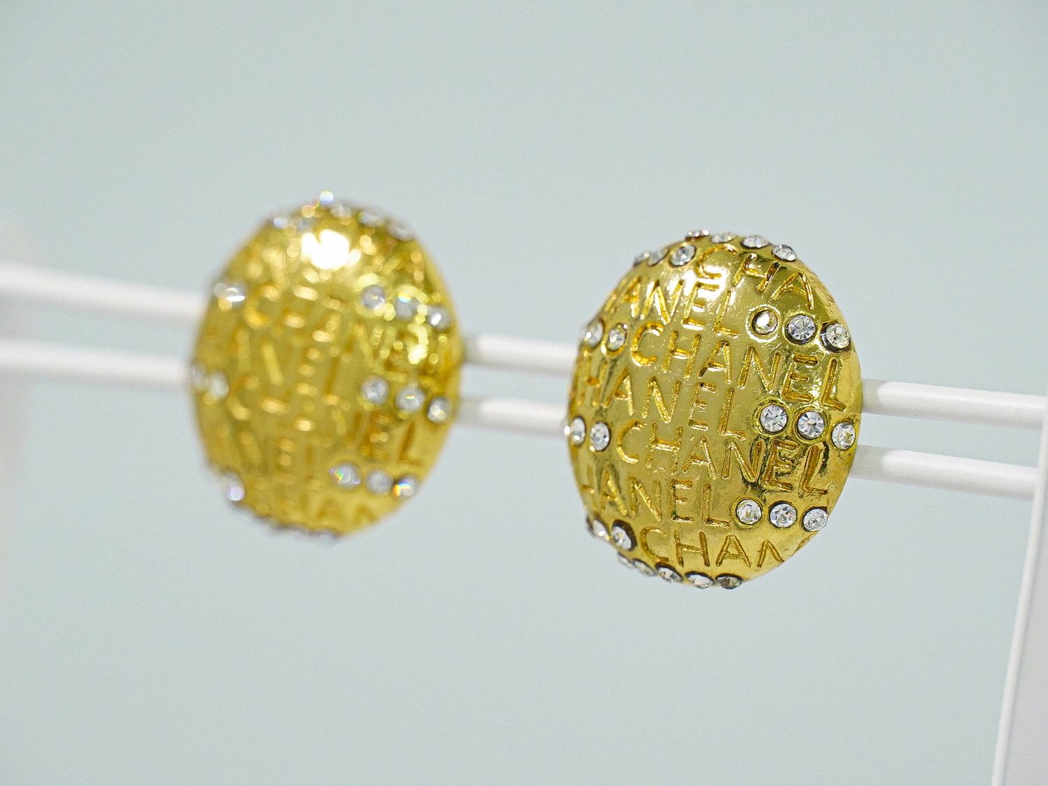 Chanel Logo Rhinestone Earrings Gold Plated — view 7