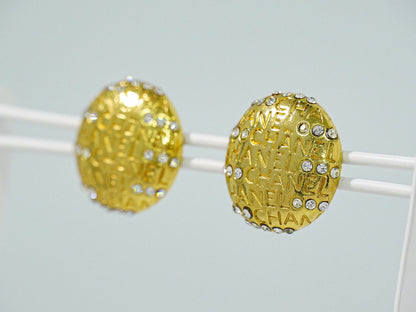 Chanel Logo Rhinestone Earrings Gold Plated — view 7