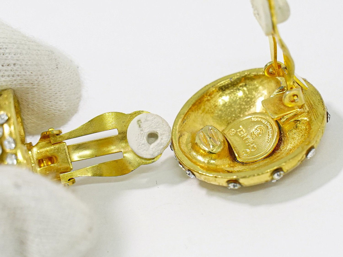 Chanel Logo Rhinestone Earrings Gold Plated — view 3