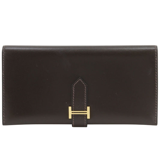 Hermes Bearn Box Calf Brown Gold Wallet