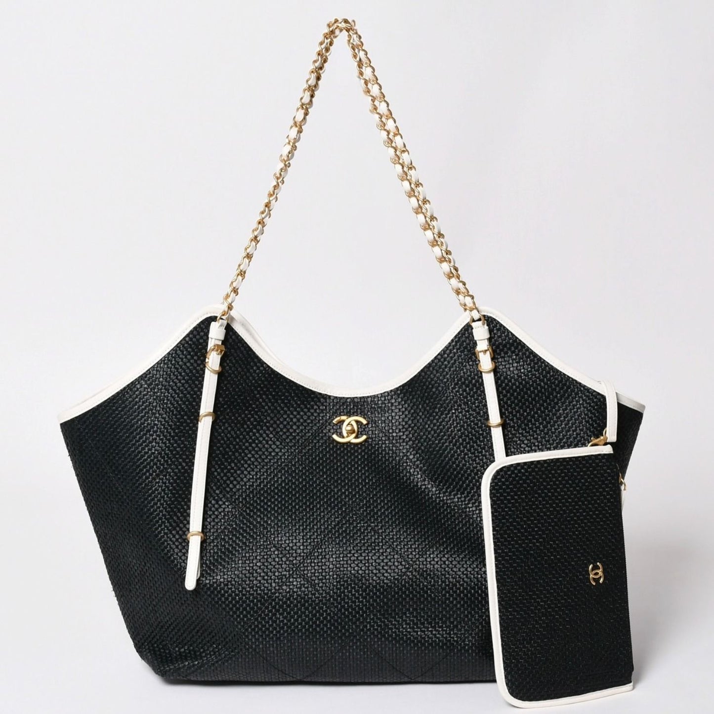 Chanel Maxi Shopping Bag Braided Raffia Effect Canvas CC Logo Gold Base