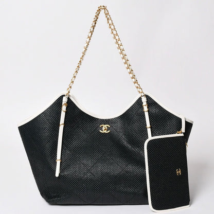 Chanel Maxi Shopping Bag Braided Raffia Effect Canvas CC Logo Gold Base
