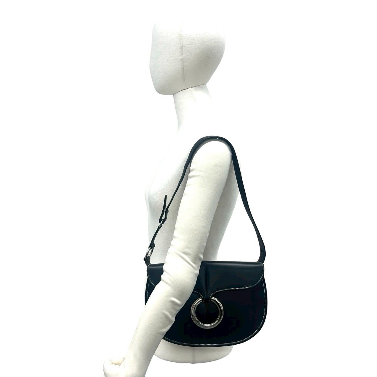 Loewe Logo Ring Leather Shoulder Bag Semi Black