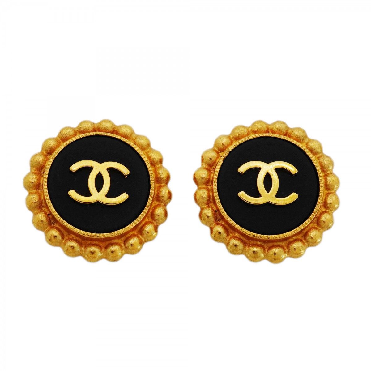 Chanel Earrings Vintage CC Logo Gold Plated Black Cles