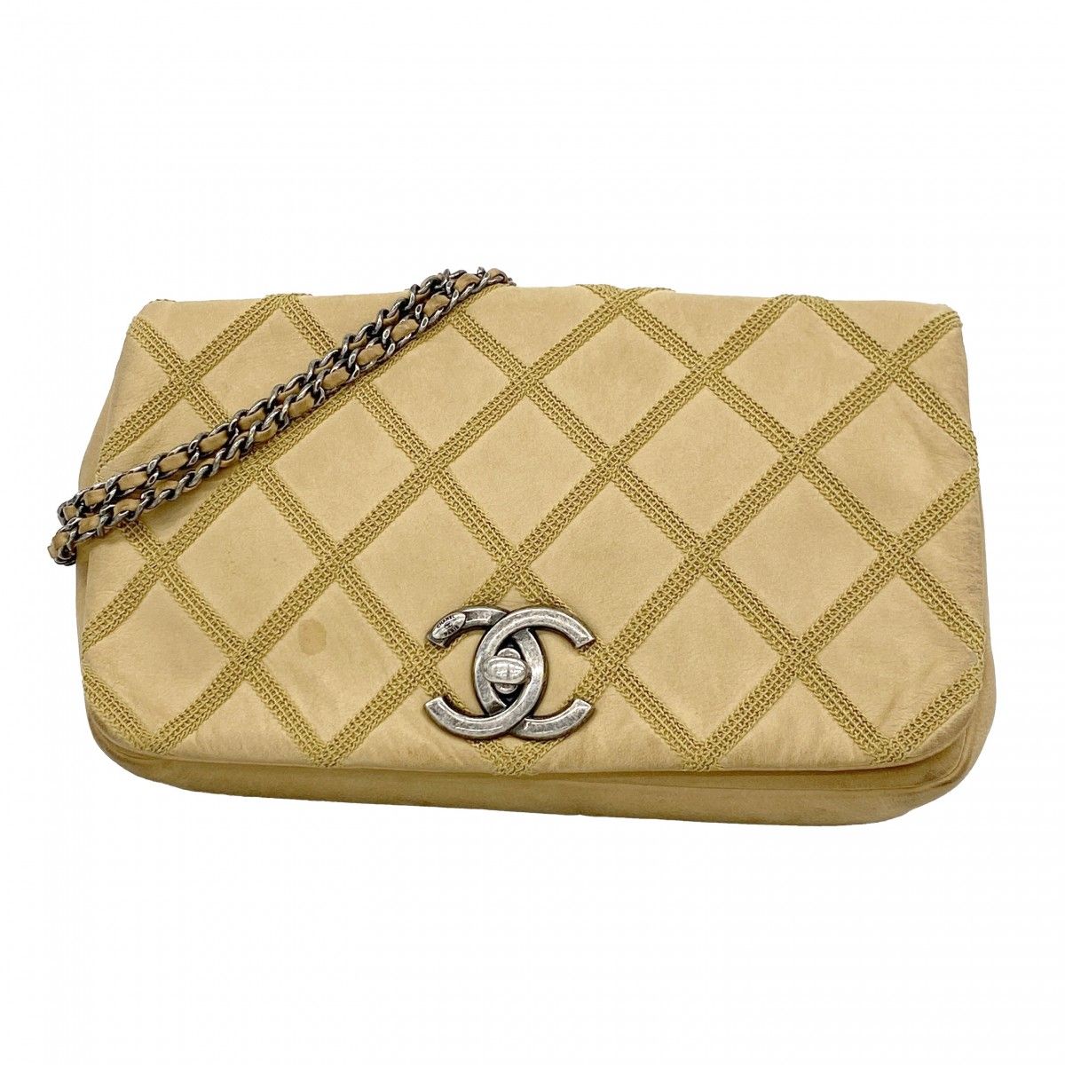 Chanel Shoulder Bag Calfskin Beige Silver