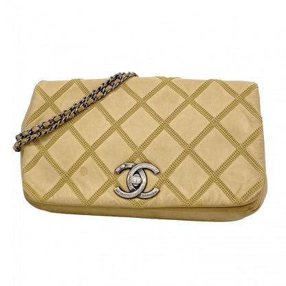 Chanel Shoulder Bag Calfskin Beige Silver