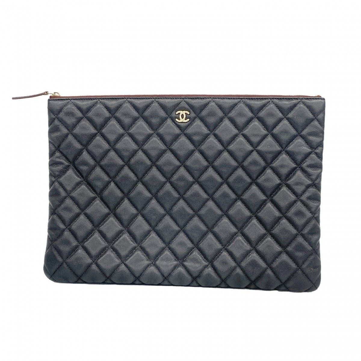Chanel Clutch Quilted Caviar Leather Black Champagne Gold