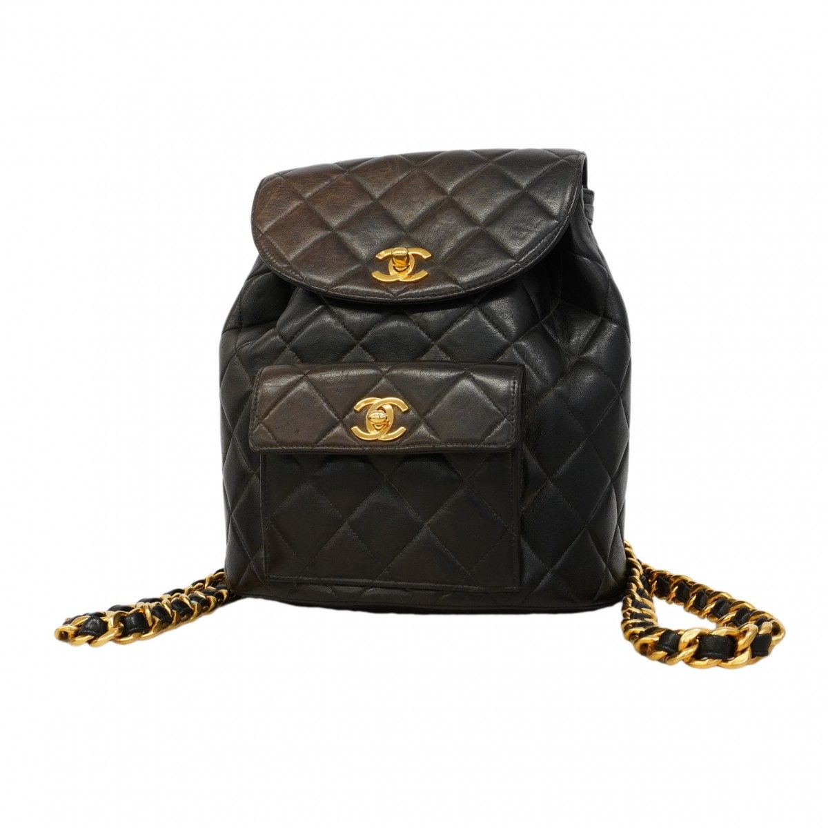 Chanel Backpack Quilted Lambskin Black Gold