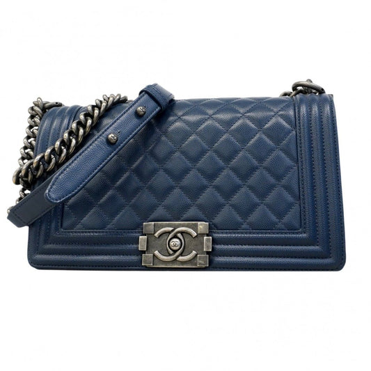 Chanel Shoulder Bag Boy Caviar Leather Navy Silver