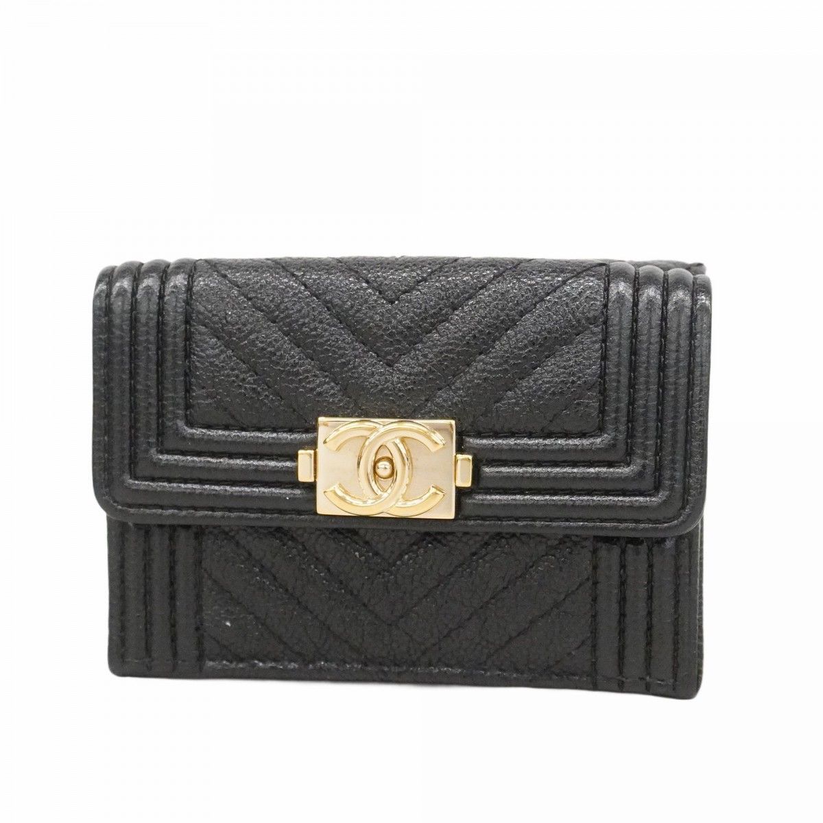 Chanel Trifold Wallet Caviar Leather Black Gold