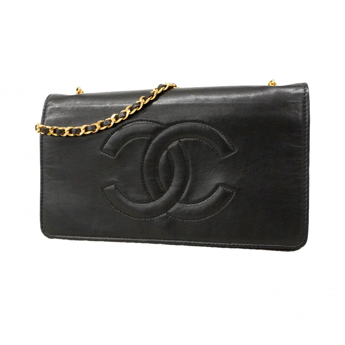 Chanel Shoulder Wallet Leather Black Gold