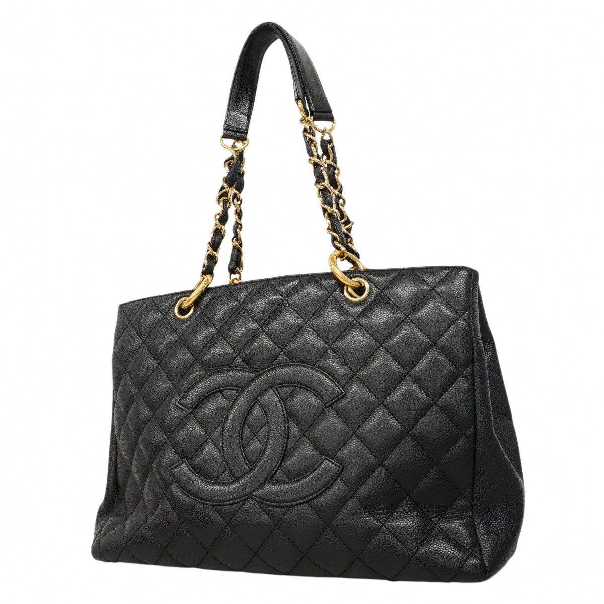 Chanel Chain Tote Quilted Caviar Leather Black Gold