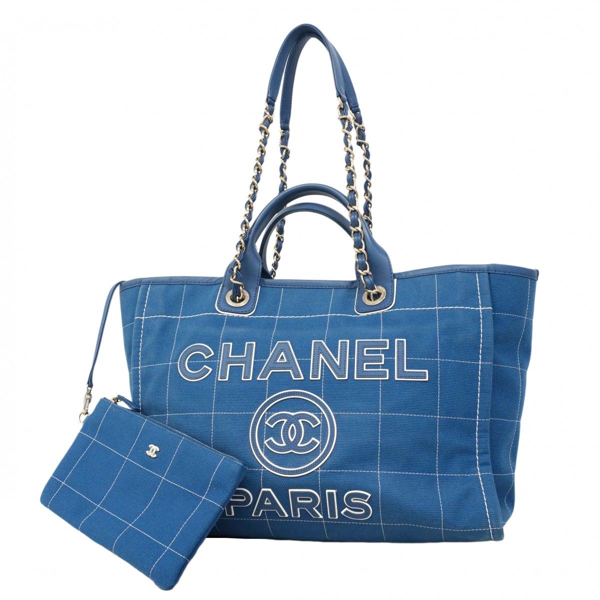 Chanel Chain Tote Deauville Canvas Blue Champagne Gold 2-Way