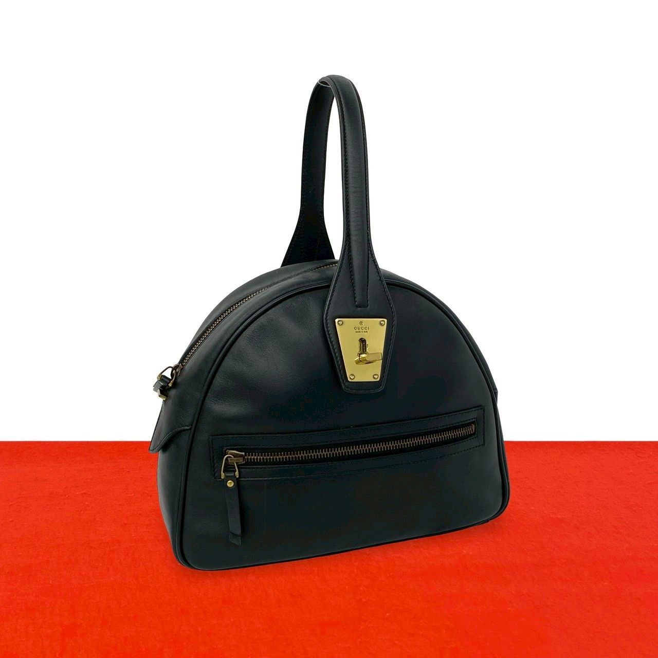 Gucci Logo Leather Turnlock Round Zip Mini Boston Bag Black