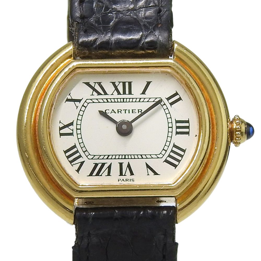 Cartier Ellipse Vintage Gold Leather Hand Wound Analog Display White Dial Watch