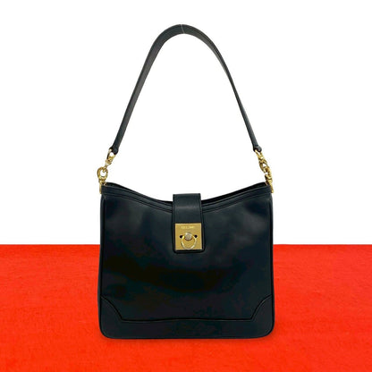 Celine Vintage Ring Logo Calf Leather Shoulder Bag Tote Black