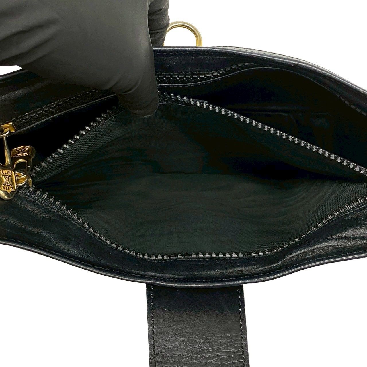 Celine Vintage Ring Logo Calf Leather Shoulder Bag Tote Black
