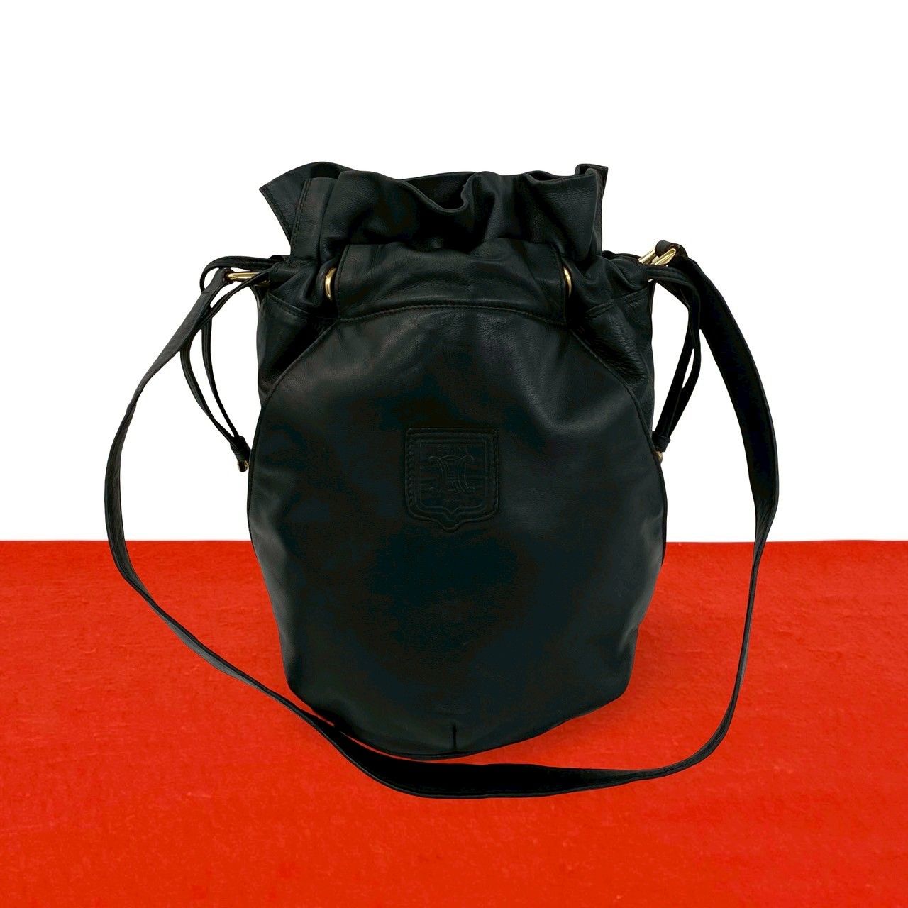 Celine Vintage Trio Logo Leather Drawstring Shoulder Bag Tote Black