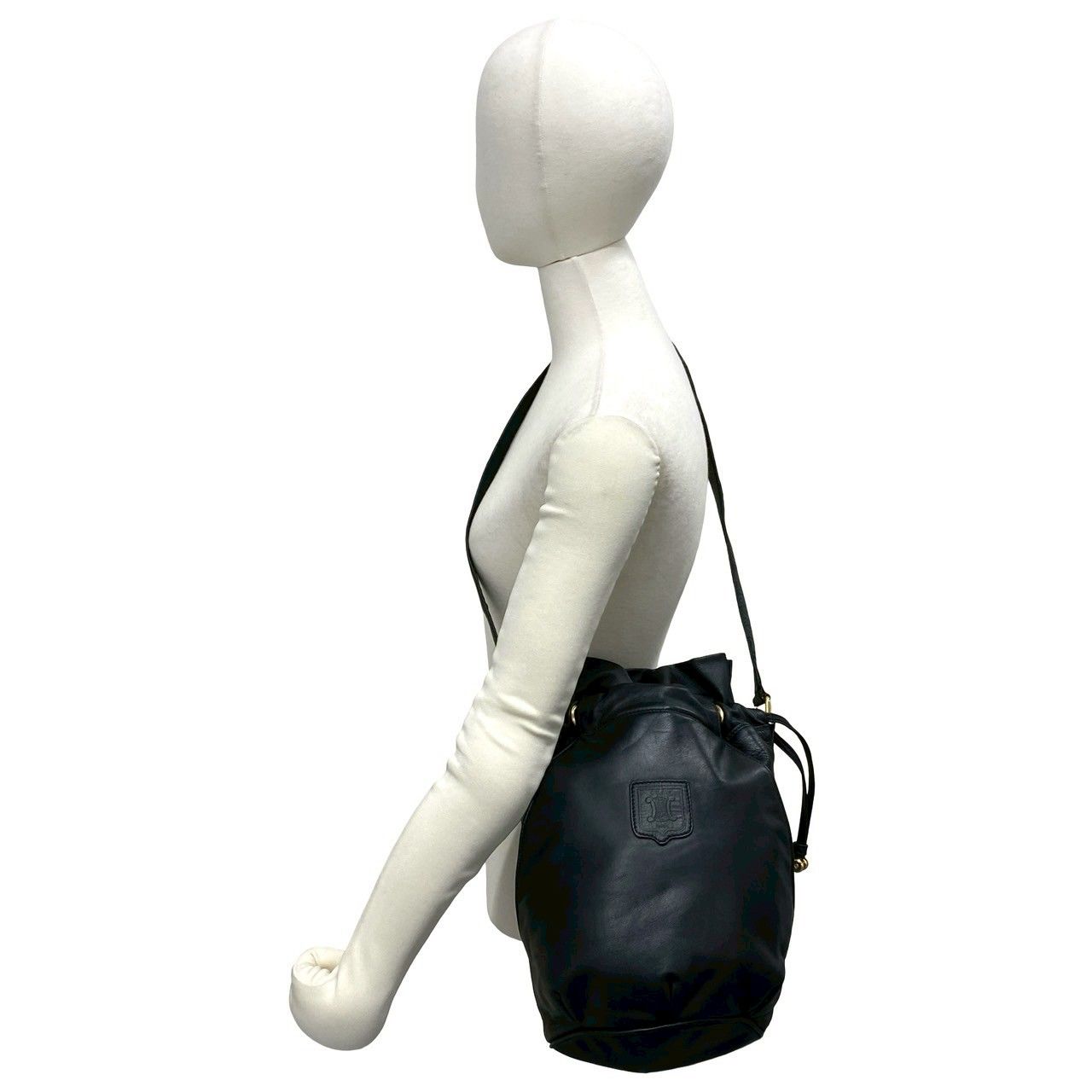 Celine Vintage Trio Logo Leather Drawstring Shoulder Bag Tote Black — view 2