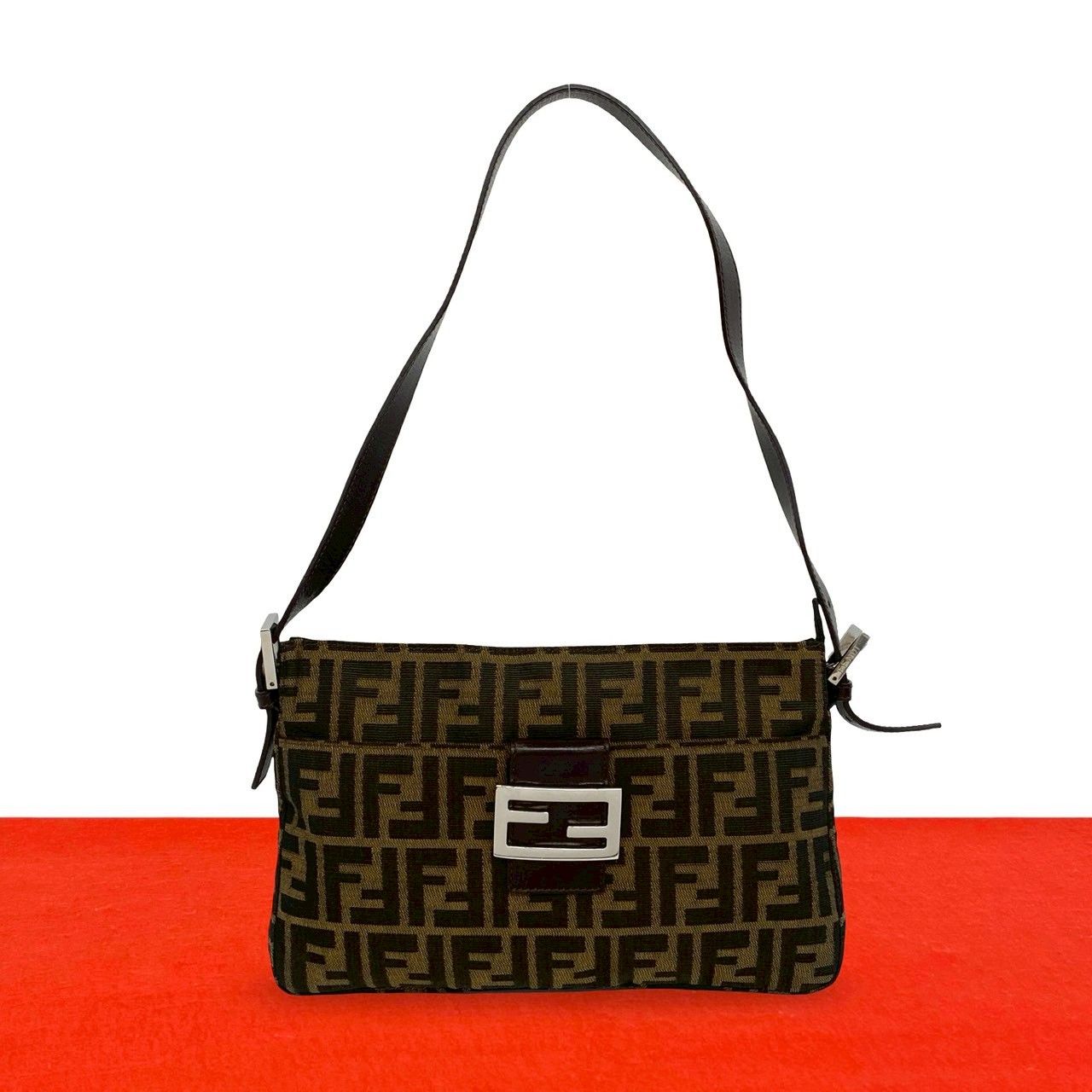 Fendi Vuitton Mamma Bucket Zucca FF Logo Canvas Leather Shoulder Bag Brown