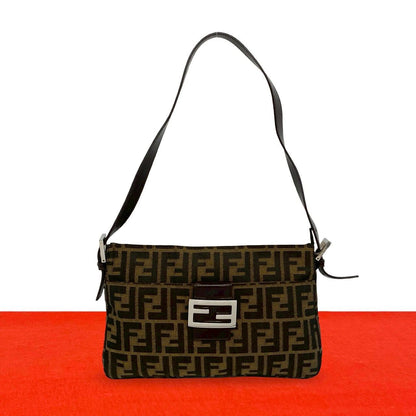 Fendi Vuitton Mamma Bucket Zucca FF Logo Canvas Leather Shoulder Bag Brown