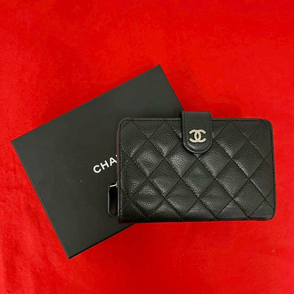 Chanel Quilted CC Logo Caviar Leather Bifold Wallet Black