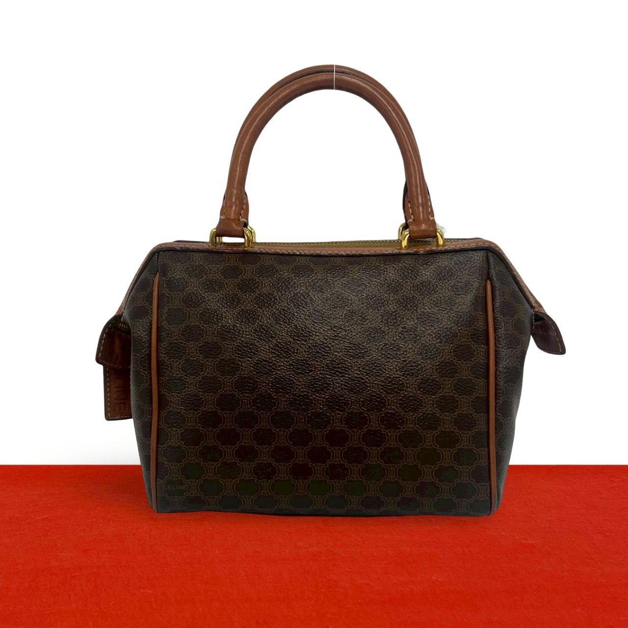 Celine Vintage Macadam Blason Pattern Leather Mini Boston Bag Brown