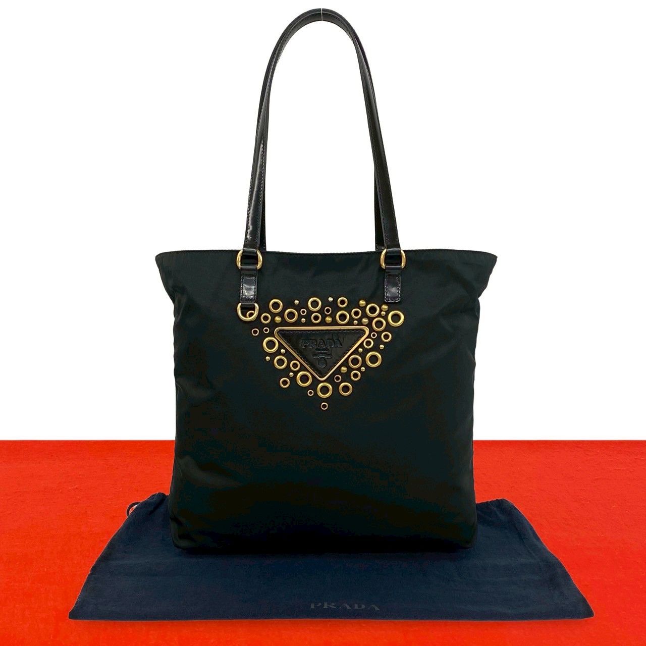 Prada Triangle Logo Tessuto Nylon Patent Tote Black