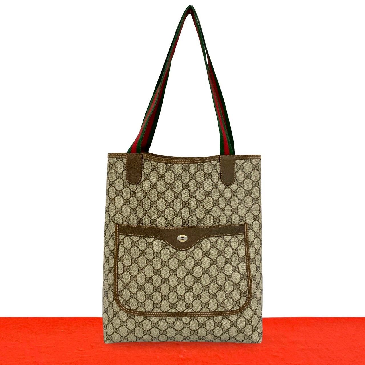 Gucci Vintage Sherry Line GG Logo Pattern Leather Tote Brown