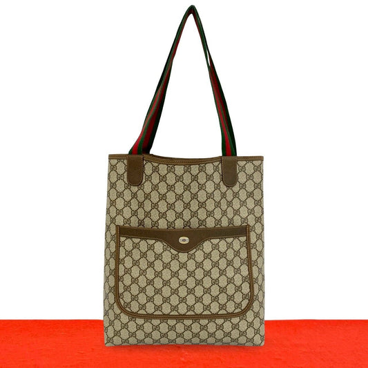 Gucci Vintage Sherry Line GG Logo Pattern Leather Tote Brown