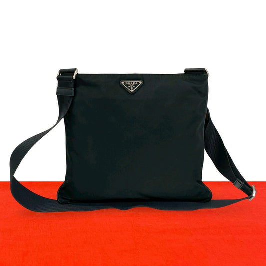 Prada Nylon Tessuto Leather Shoulder Bag Crossbody Pochette Black