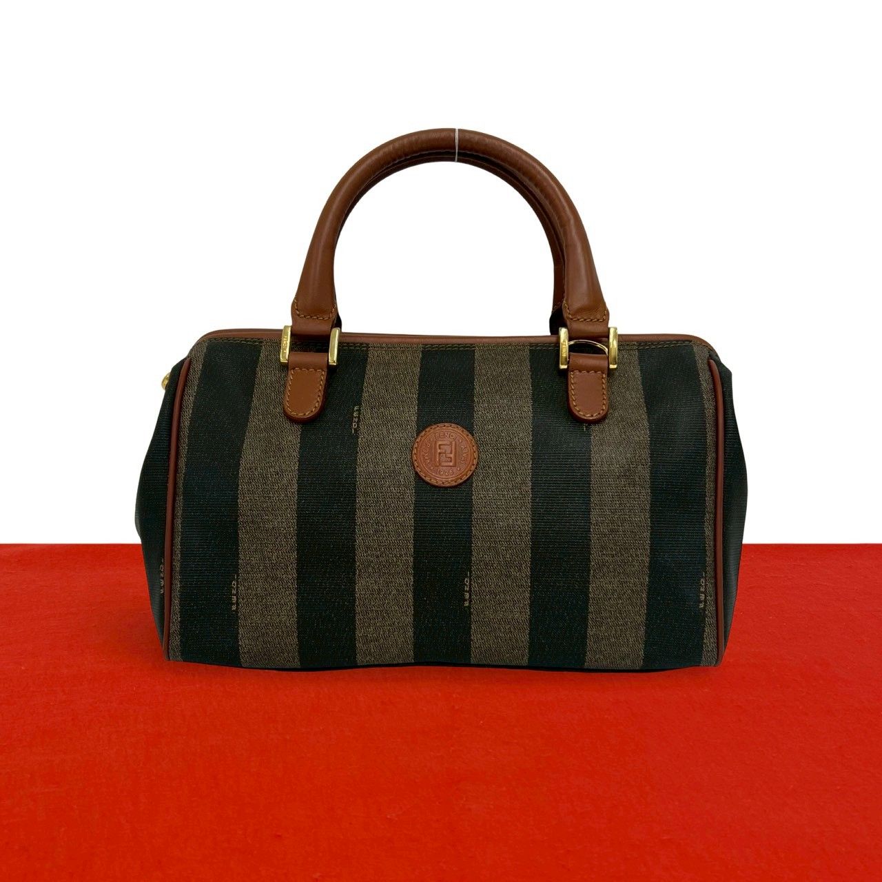 Fendi Vintage Pecan Pattern Leather Mini Boston Bag Brown Black Khaki