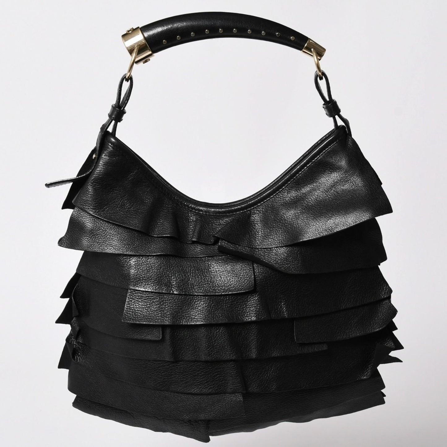 Saint Laurent Tropez Bag Black Ruffle Leather Logo Shoulder Gold