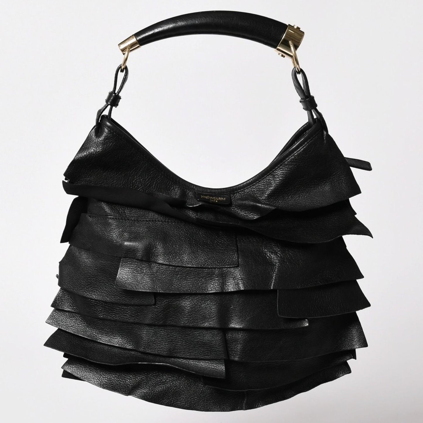 Saint Laurent Tropez Bag Black Ruffle Leather Logo Shoulder Gold — view 2