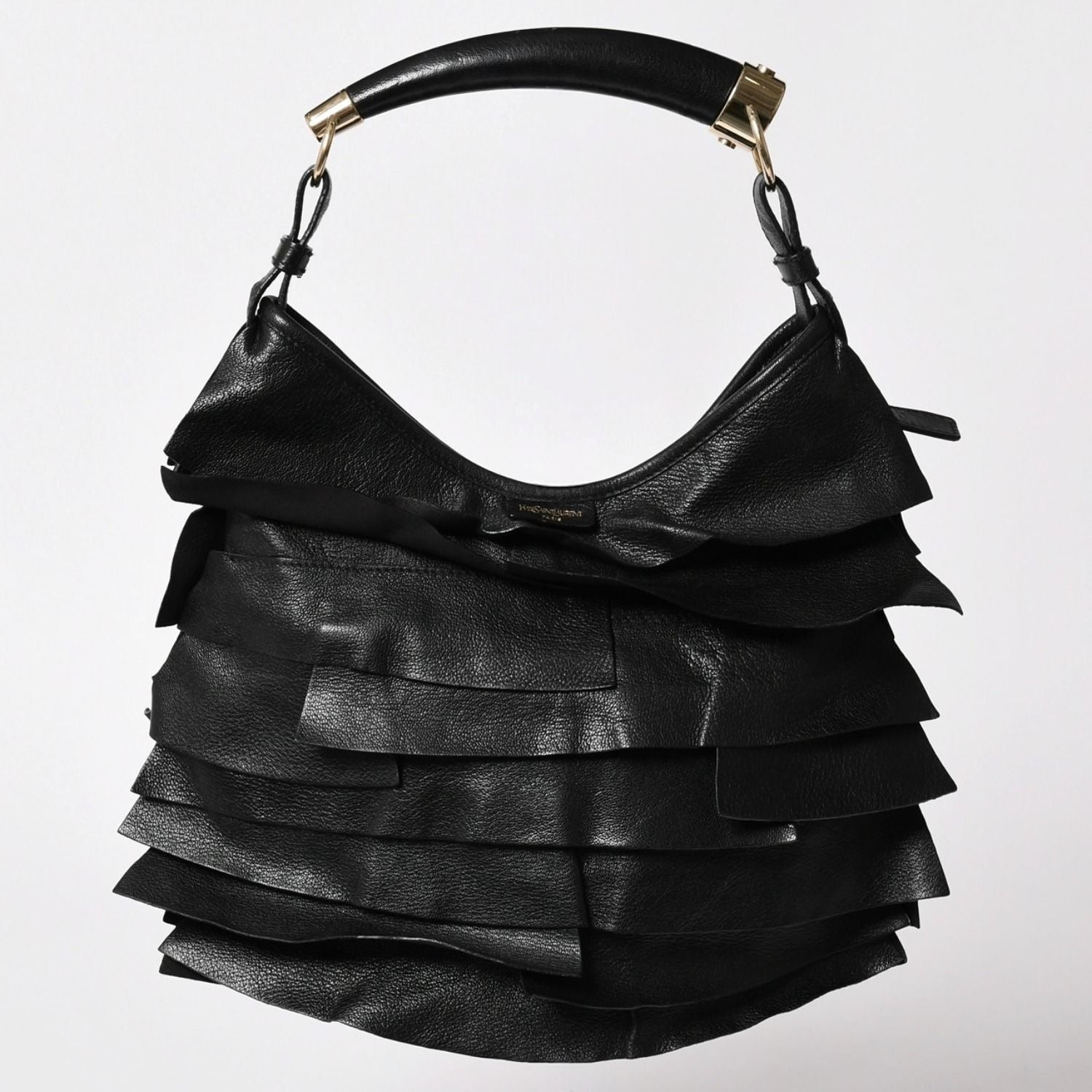 Saint Laurent Tropez Bag Black Ruffle Leather Logo Shoulder Gold — view 2