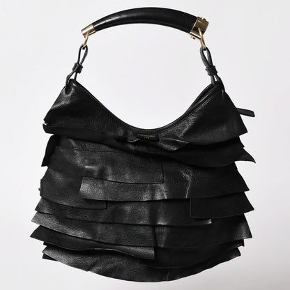 Saint Laurent Tropez Bag Black Ruffle Leather Logo Shoulder Gold — view 2