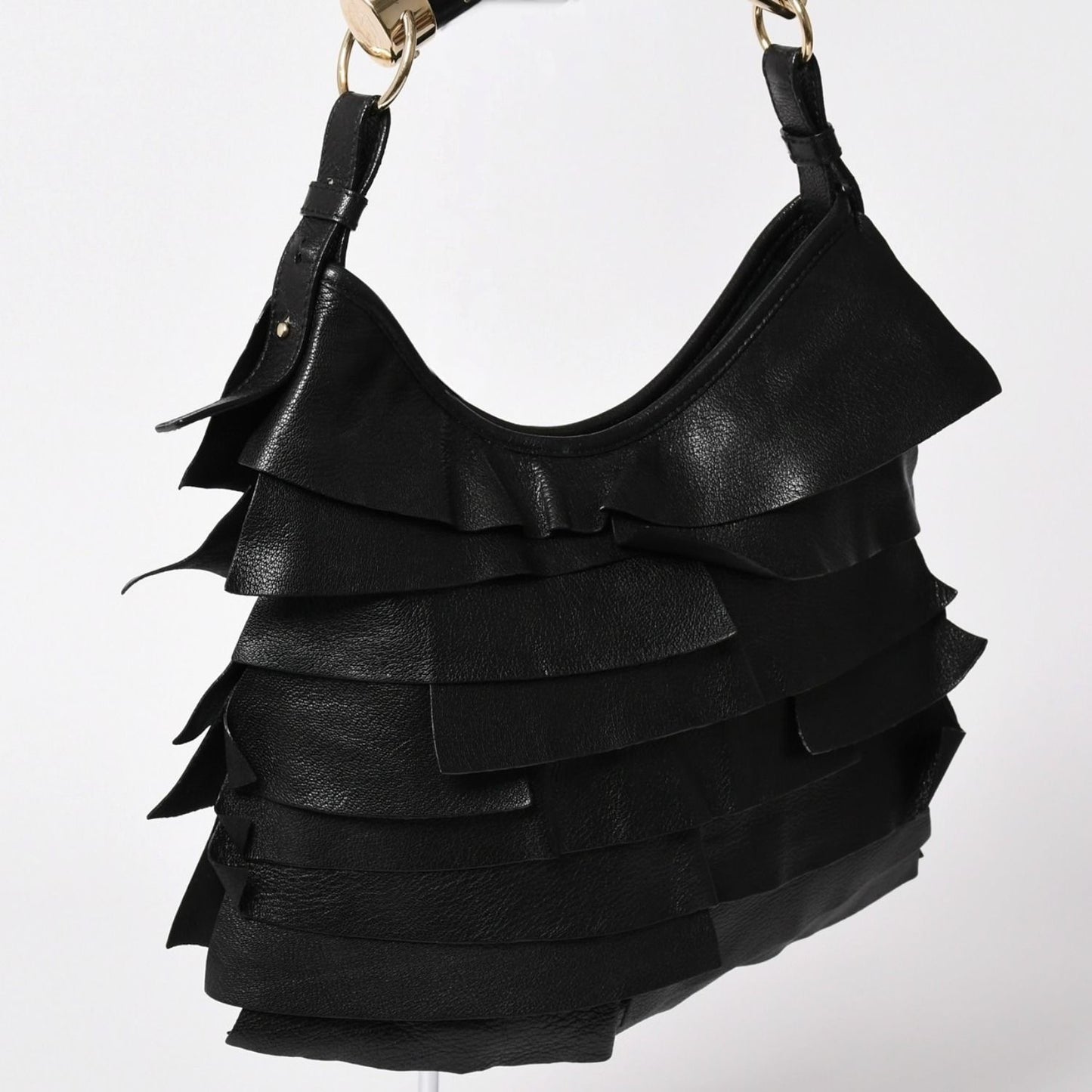 Saint Laurent Tropez Bag Black Ruffle Leather Logo Shoulder Gold — view 3