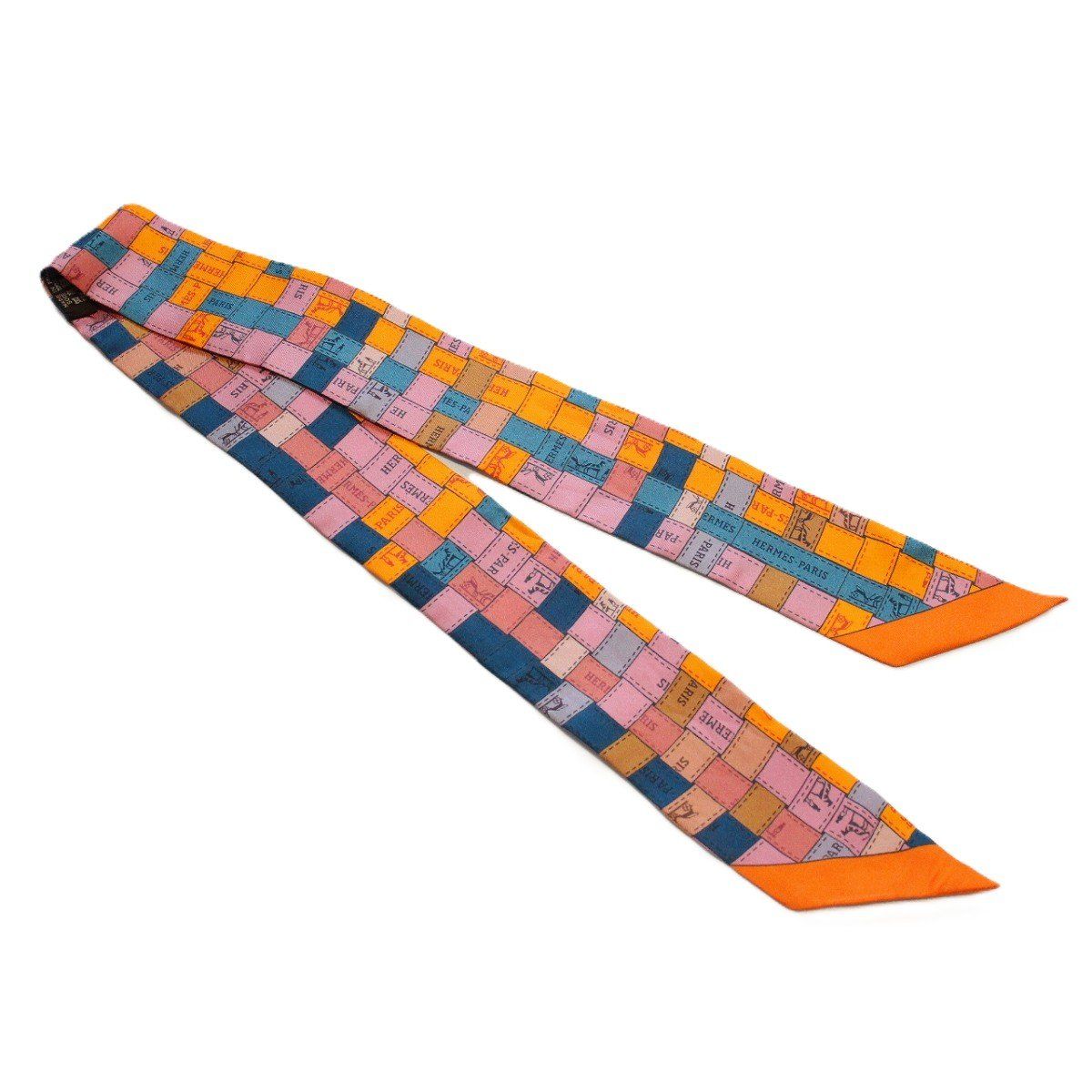 Hermes Twilly Bolduc Check Silk 100% Orange Scarf