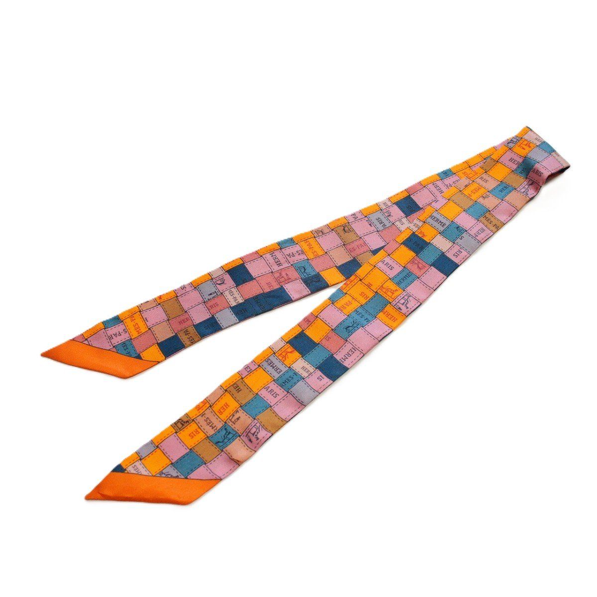 Hermes Twilly Bolduc Check Silk 100% Orange Scarf — view 2