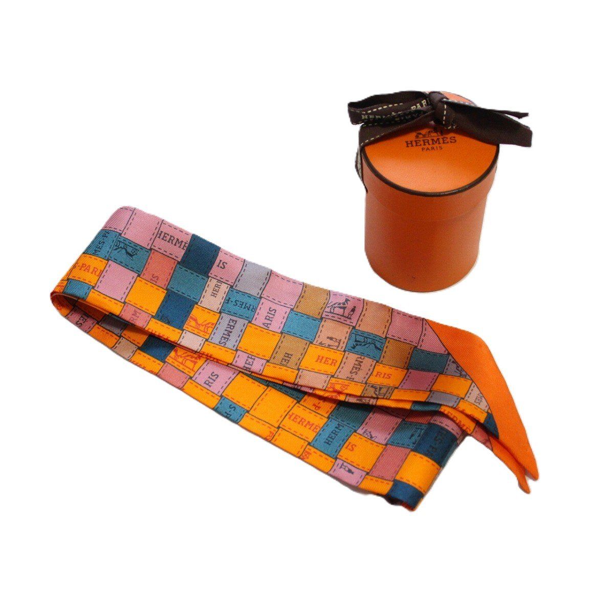 Hermes Twilly Bolduc Check Silk 100% Orange Scarf — view 8