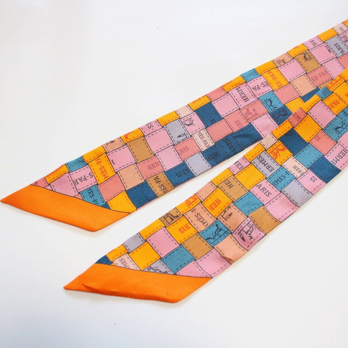 Hermes Twilly Bolduc Check Silk 100% Orange Scarf — view 6