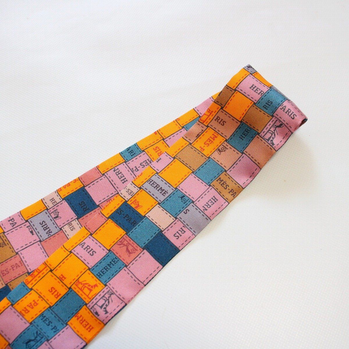 Hermes Twilly Bolduc Check Silk 100% Orange Scarf — view 5