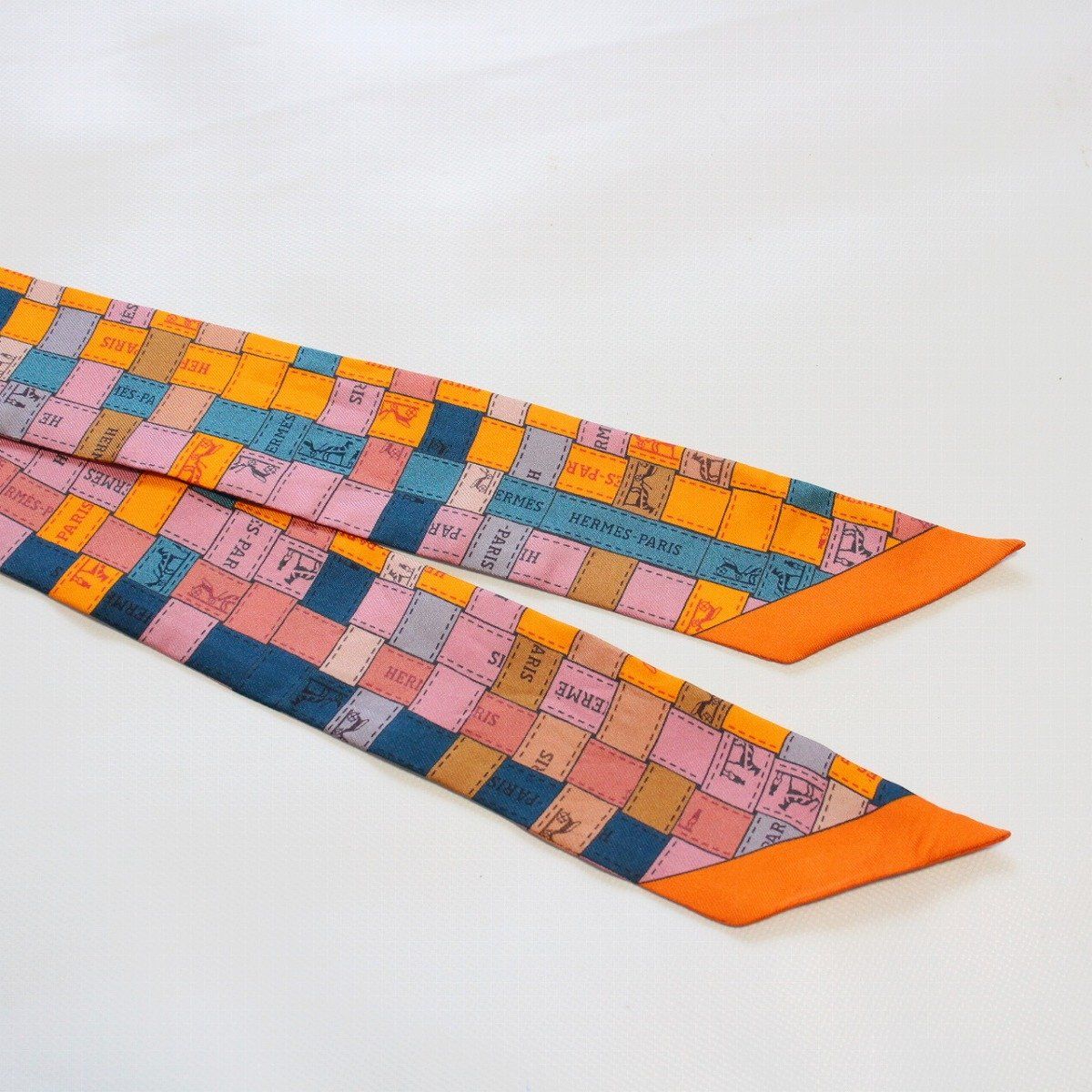 Hermes Twilly Bolduc Check Silk 100% Orange Scarf — view 4