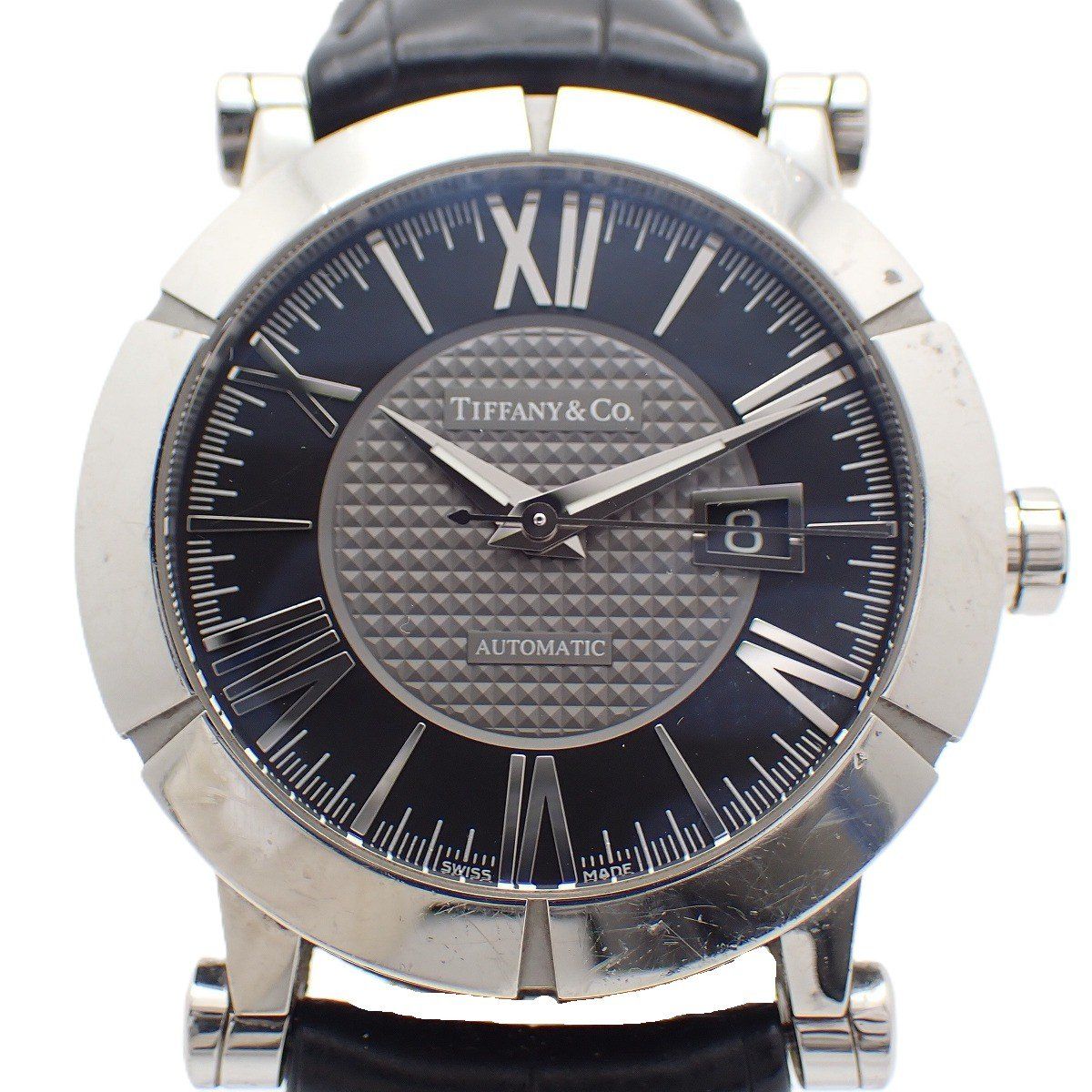 Tiffany & Co Atlas Gent Automatic Winding Watch Black Dial Slotted Back Leather
