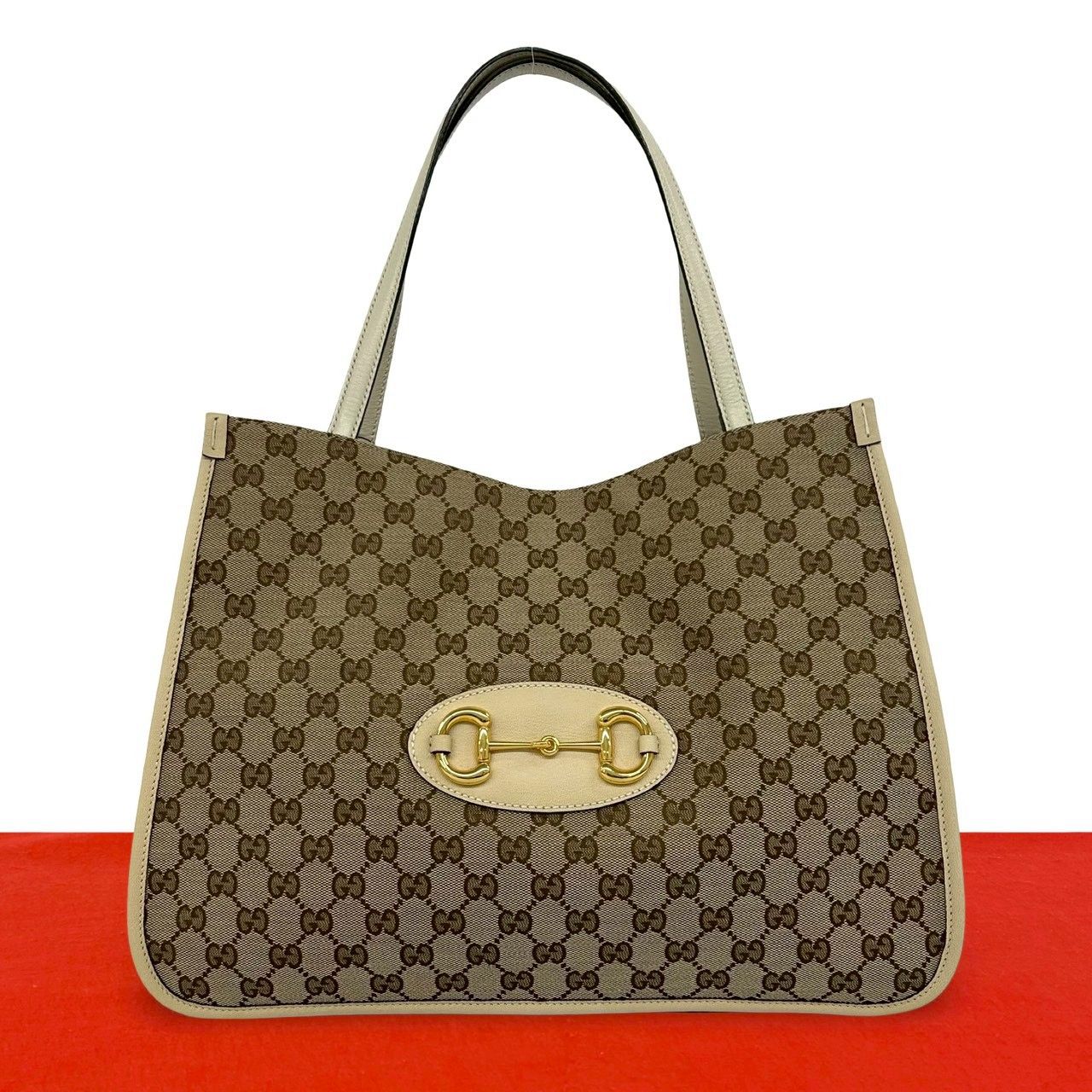 Gucci GG Logo Horsebit Canvas Leather Tote Shoulder Bag Beige